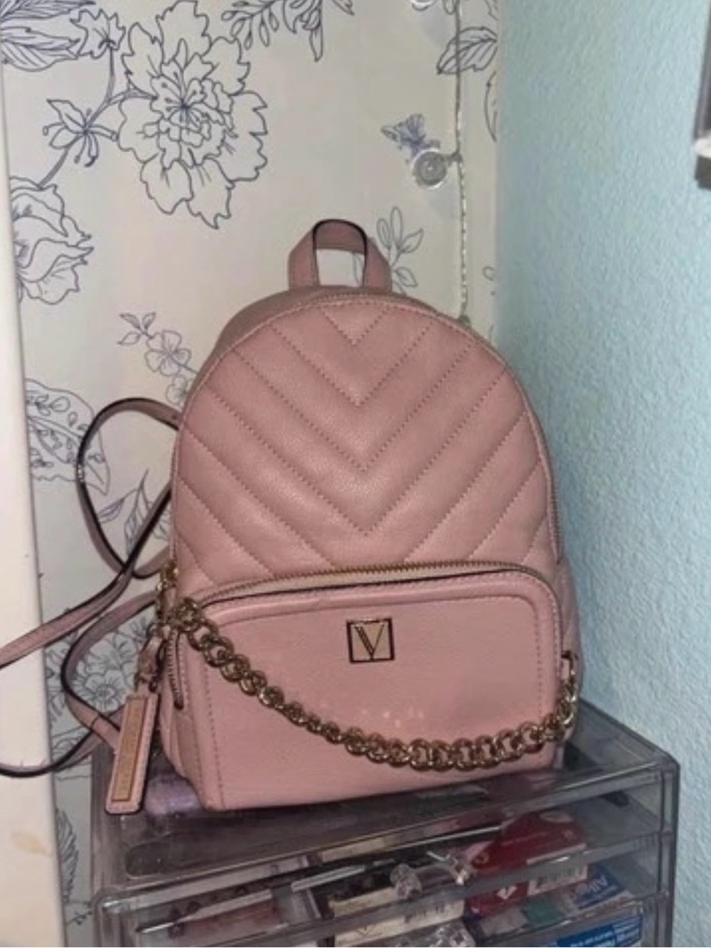 Victoria Secret Rose Pink Quilted Mini Backpack with Gold Chain